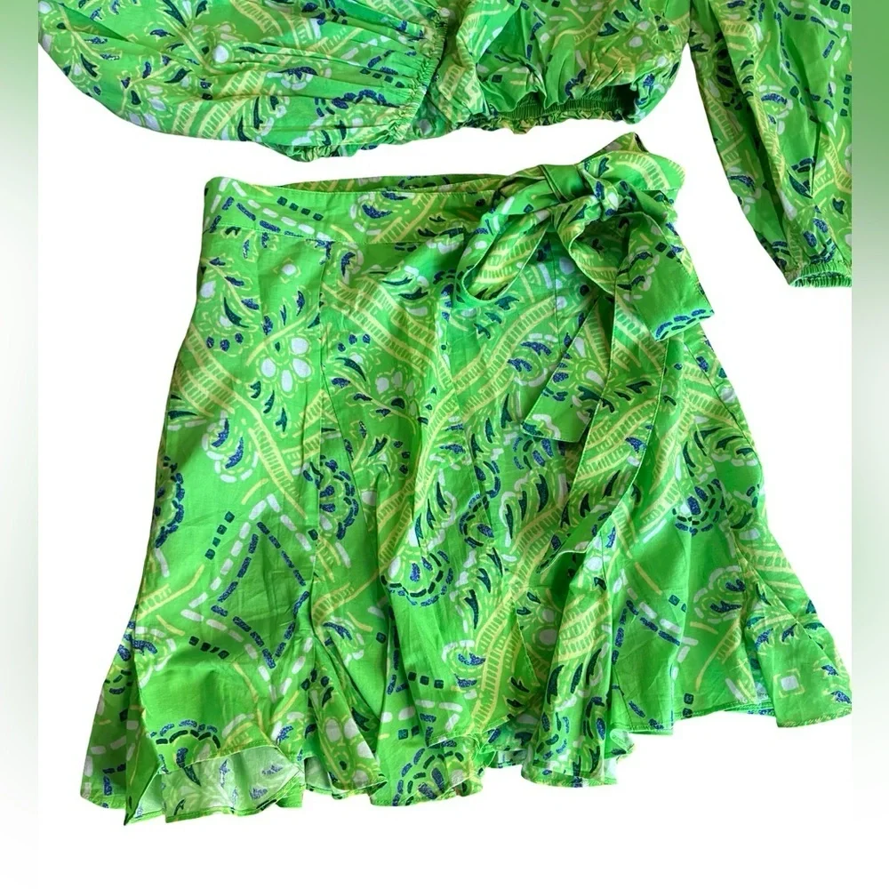 NWT RHODE Azure Top & Willow Skirt in Lime Diamond Stitch Puff Sleeve Paisley - Picture 8 of 15